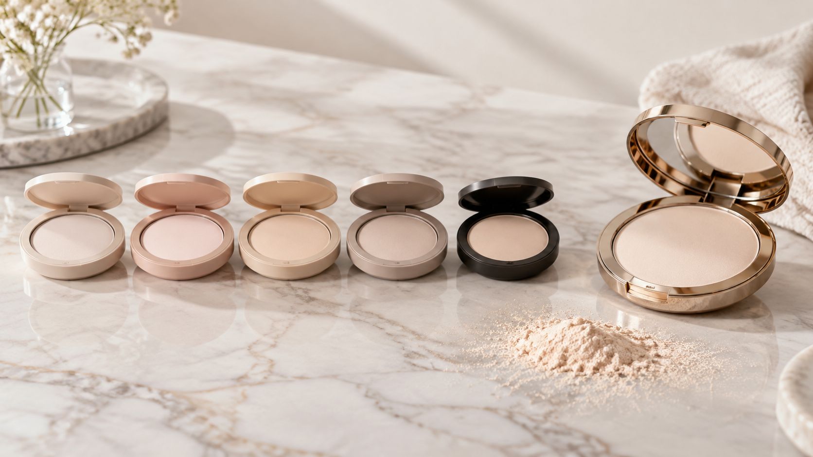 An array of various powder foundation compacts with loose powder spilled on a marble tabletop.
