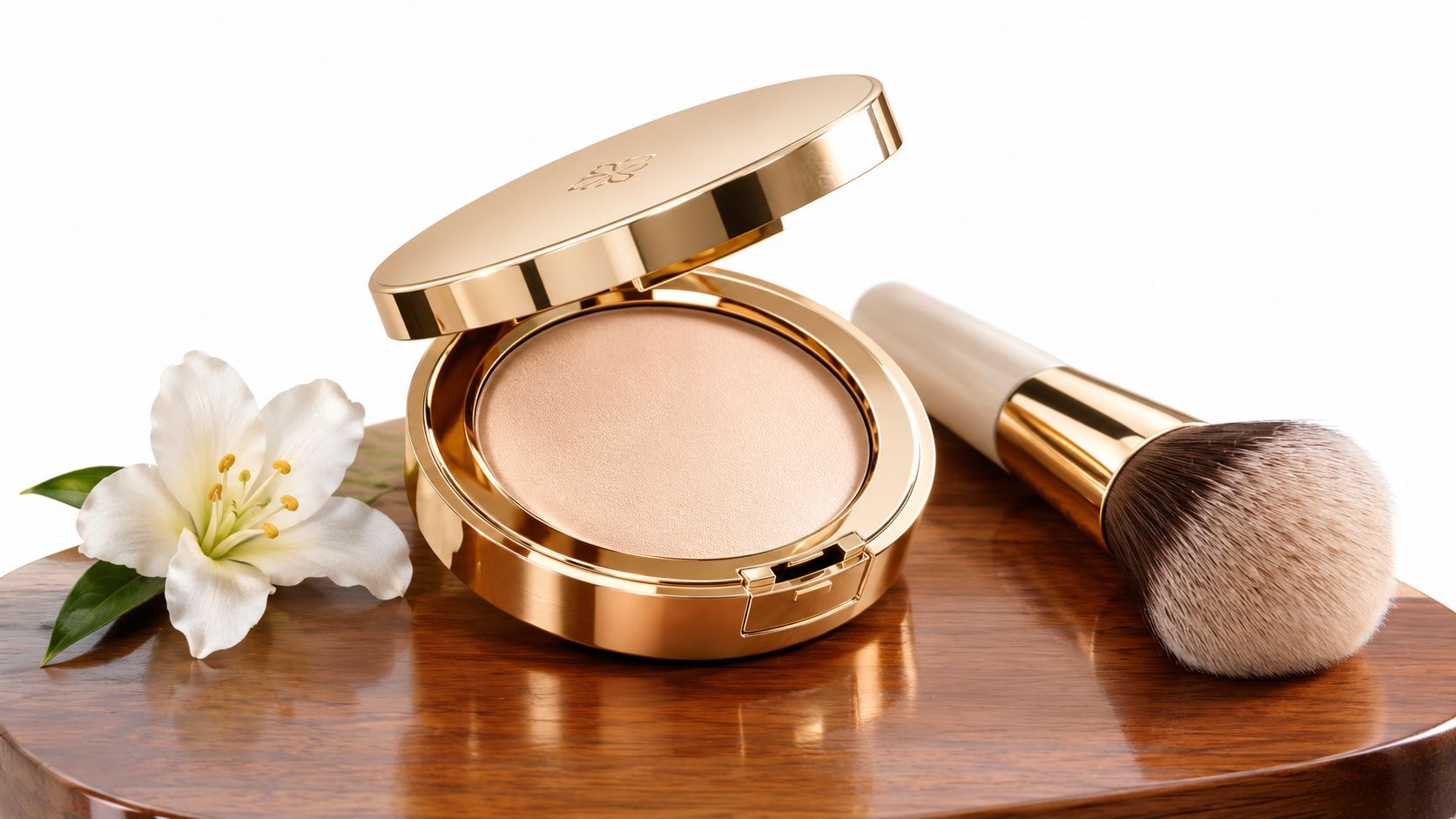 A luxurious golden powder compact case opened next to a soft makeup brush and a white lily.