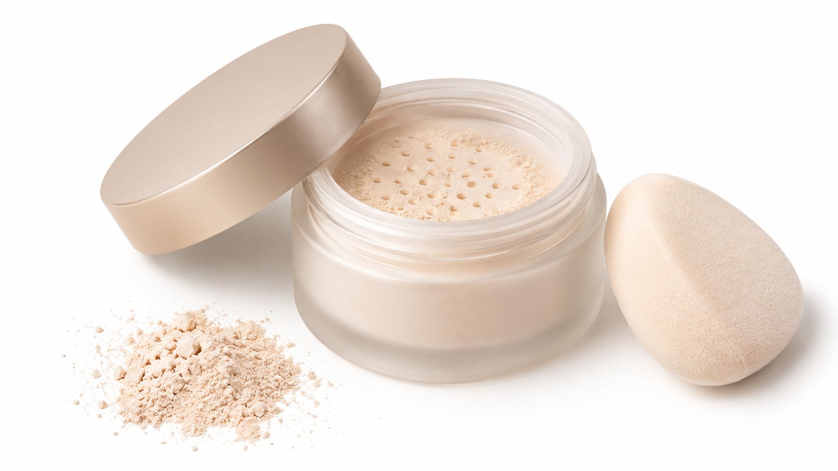 An open container of translucent face setting powder with a loose powder puff and spilled cosmetic powder.