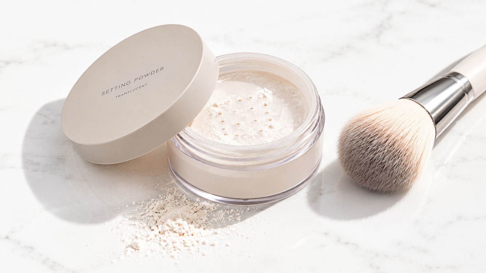 A jar of translucent setting powder next to a makeup brush on a white marble surface