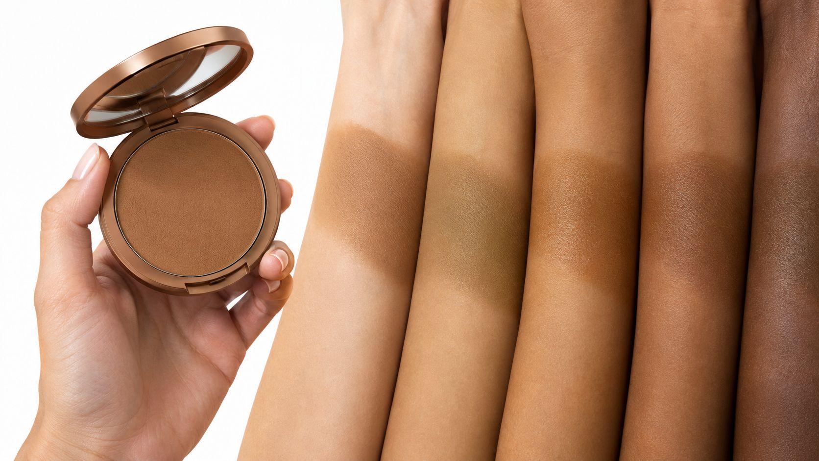 A hand holding a bronzer compact next to arm swatches showing different shades on various skin tones.