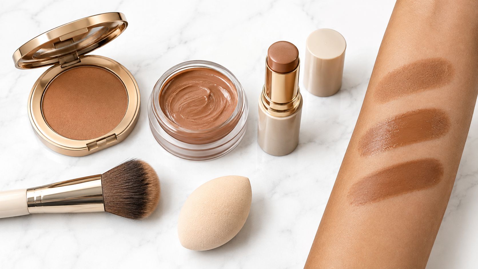 Various bronzer makeup products including a compact, cream jar, stick, brush, and sponge displayed with arm swatches.