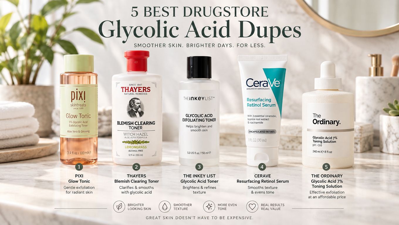 Five popular drugstore glycolic acid skincare products displayed on a marble countertop for facial exfoliation and skin brightening.