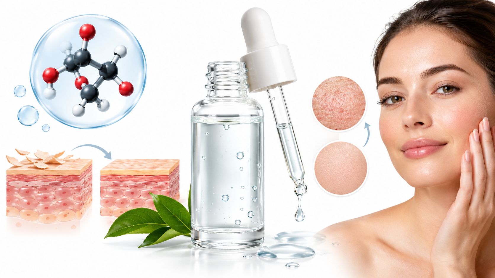 A woman with glowing skin beside a bottle of serum, skin layers, and a chemical molecule illustration.