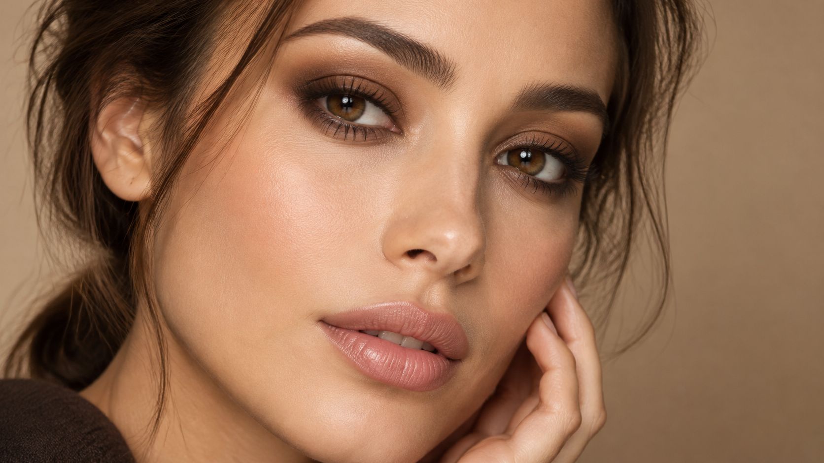 A close-up portrait of a woman wearing soft earth tone makeup with natural brown eye shadows.