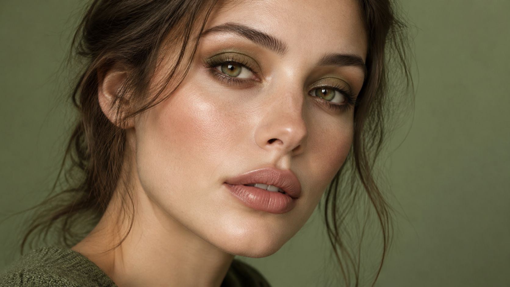 A stunning woman with natural earth tone makeup and green eyeshadow posing against a green background.