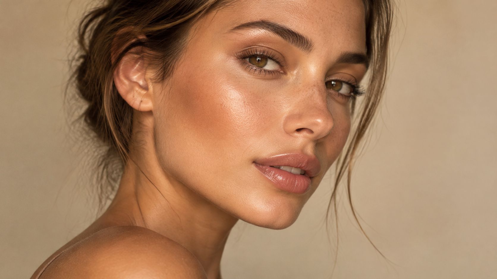 A close-up portrait of a woman with natural, glowing earth tone makeup and soft brown eyes.