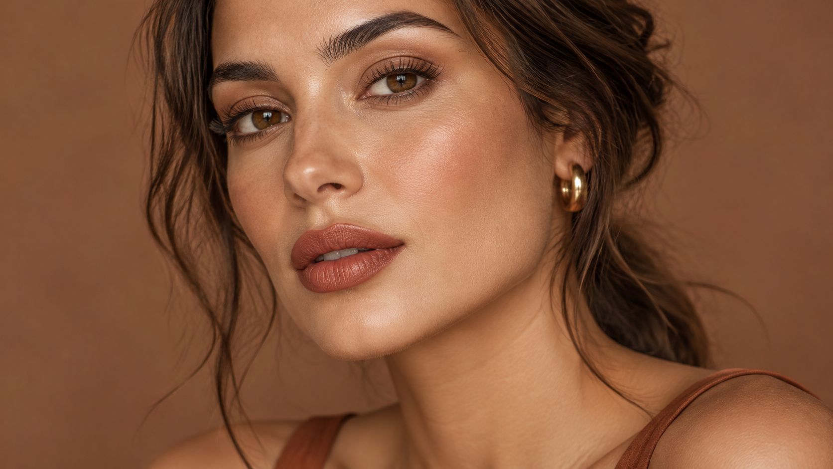 A close-up portrait of a woman with elegant earth-tone makeup and gold hoop earrings on a brown background.