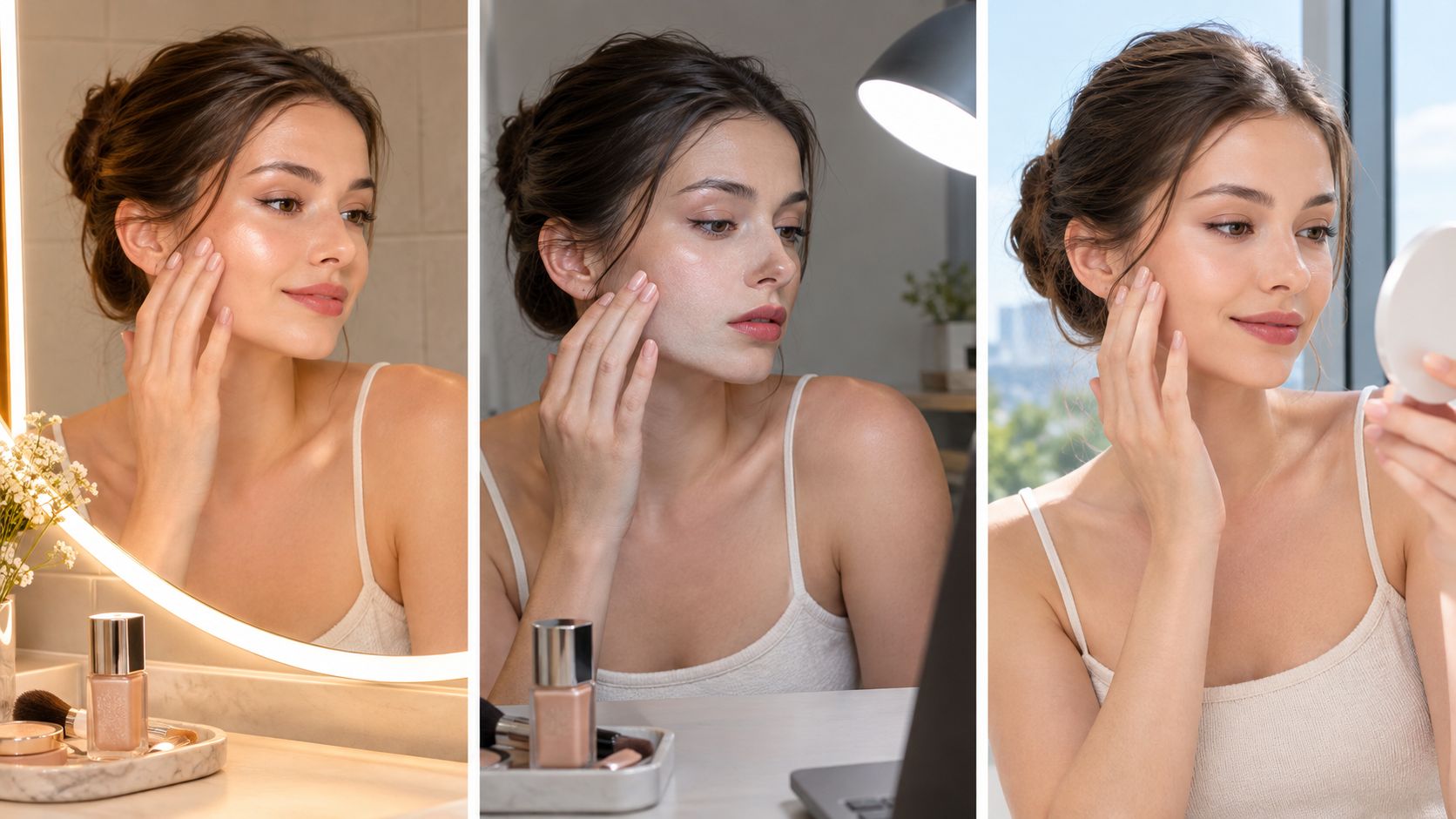 A split image showing a woman applying highlighter to her cheeks in various lighting conditions for makeup.