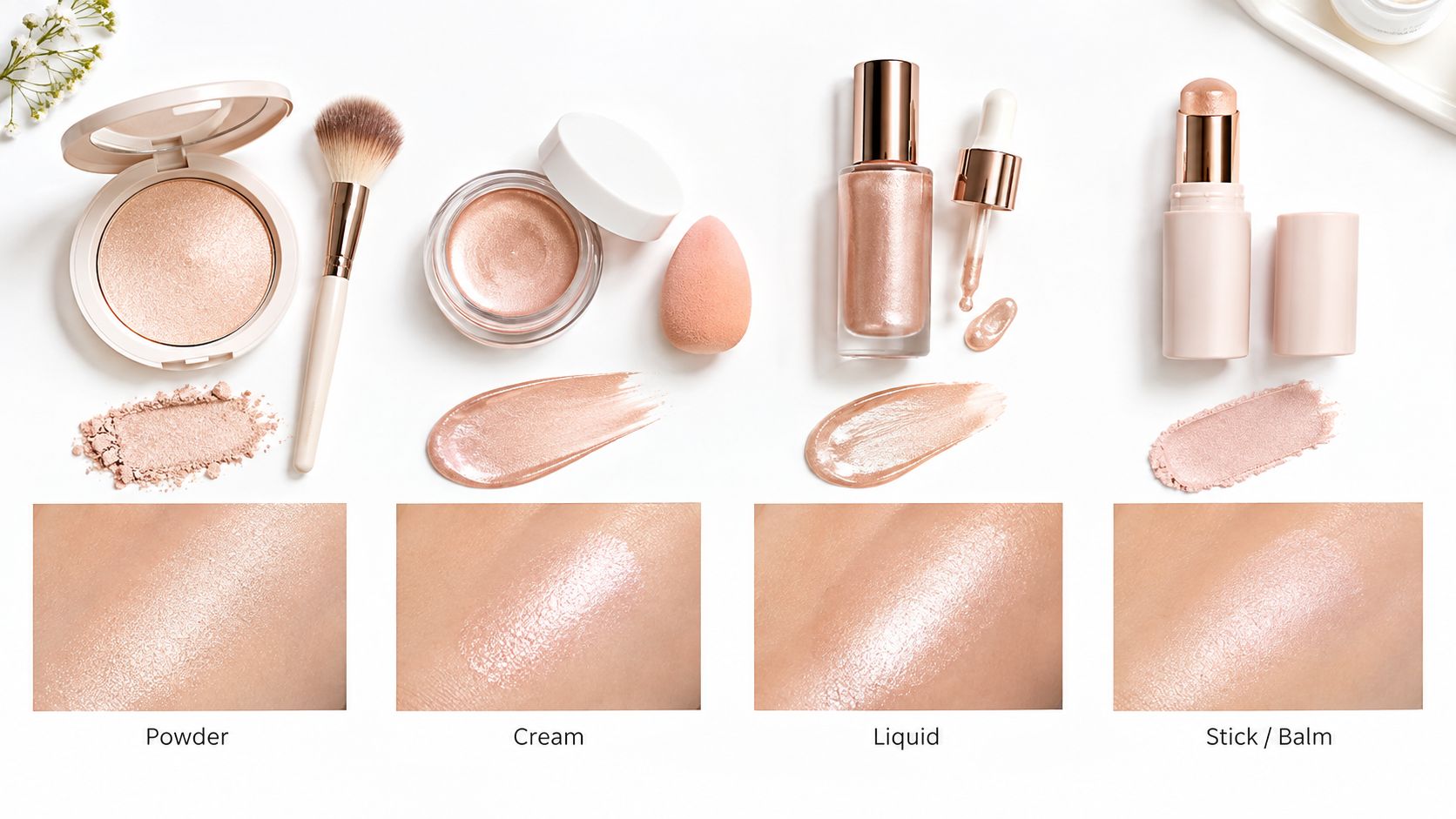 Different textures of highlighter makeup products shown with their corresponding swatches on skin for comparison.