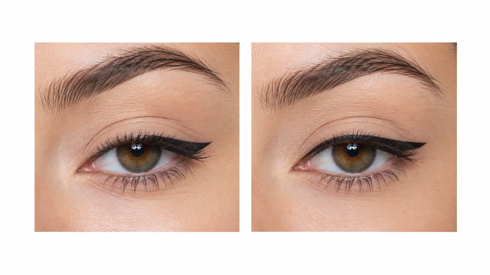 A close-up comparison of winged eyeliner application styles on a pair of eyes with natural makeup.