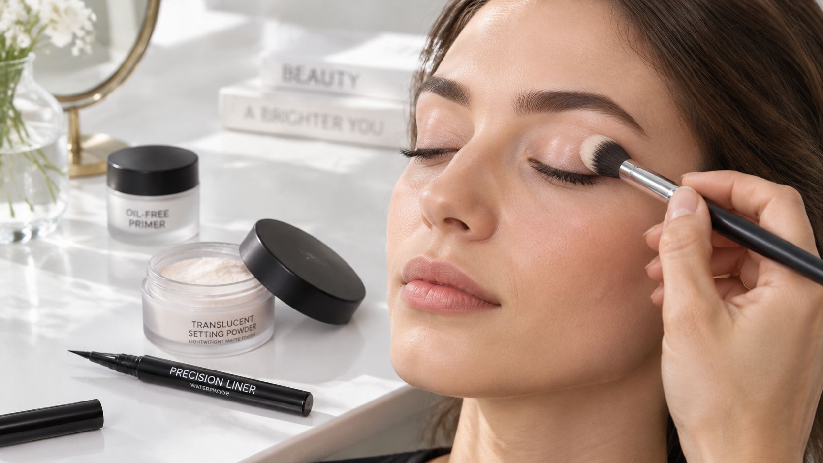 A professional makeup artist applies eye shadow to a model using a makeup brush for a flawless look.