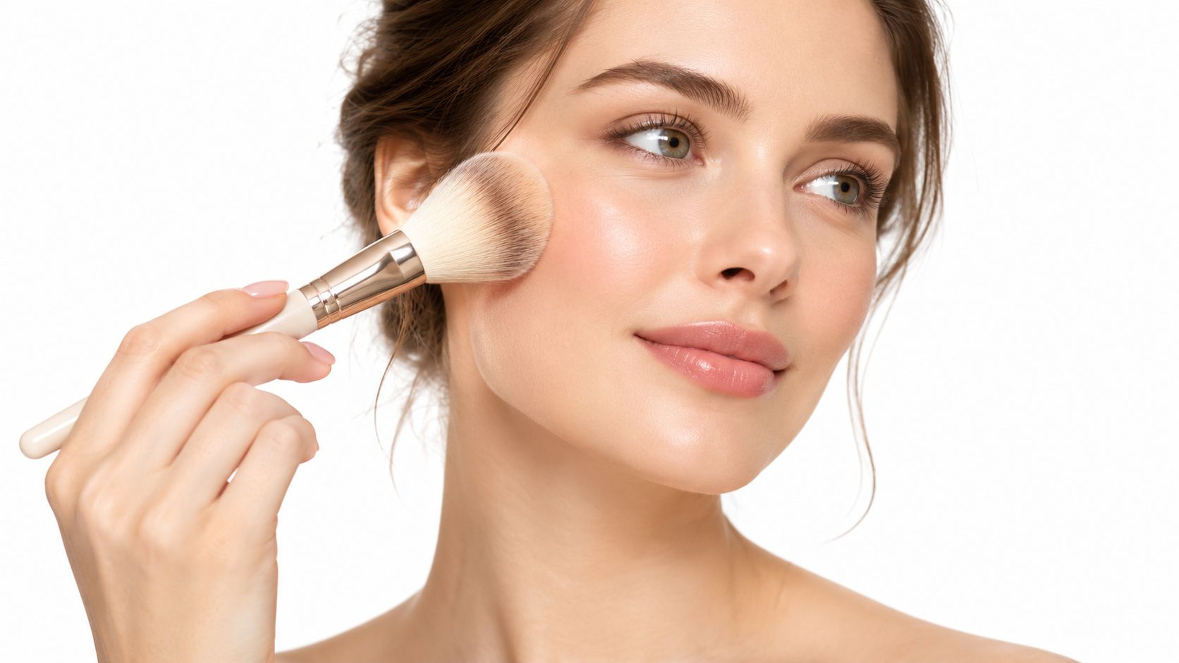 A beautiful woman applying makeup with a large fluffy brush on her cheek against a white background