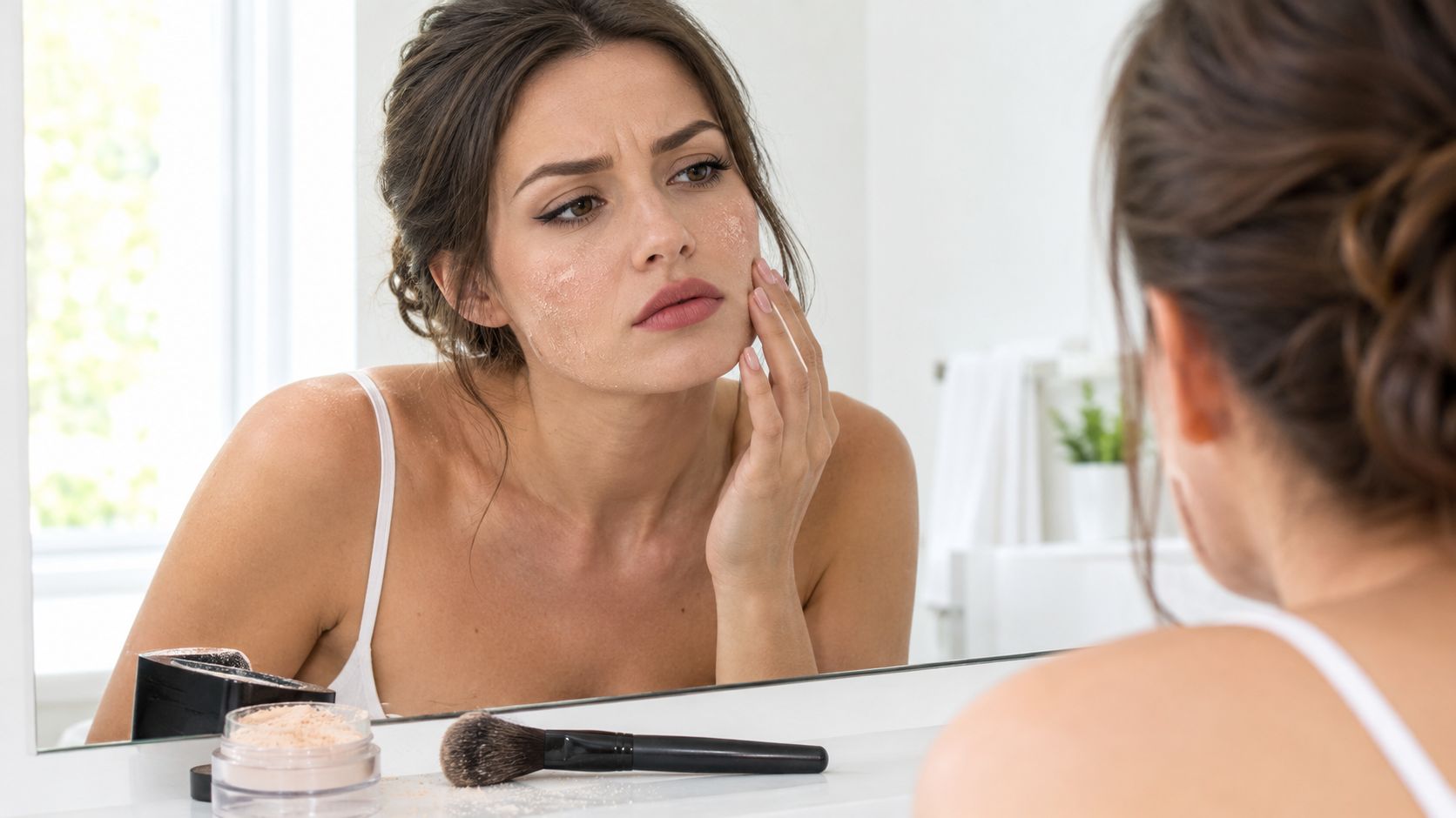 A woman applying loose powder in a mirror noticing dry, flaky skin on her face.