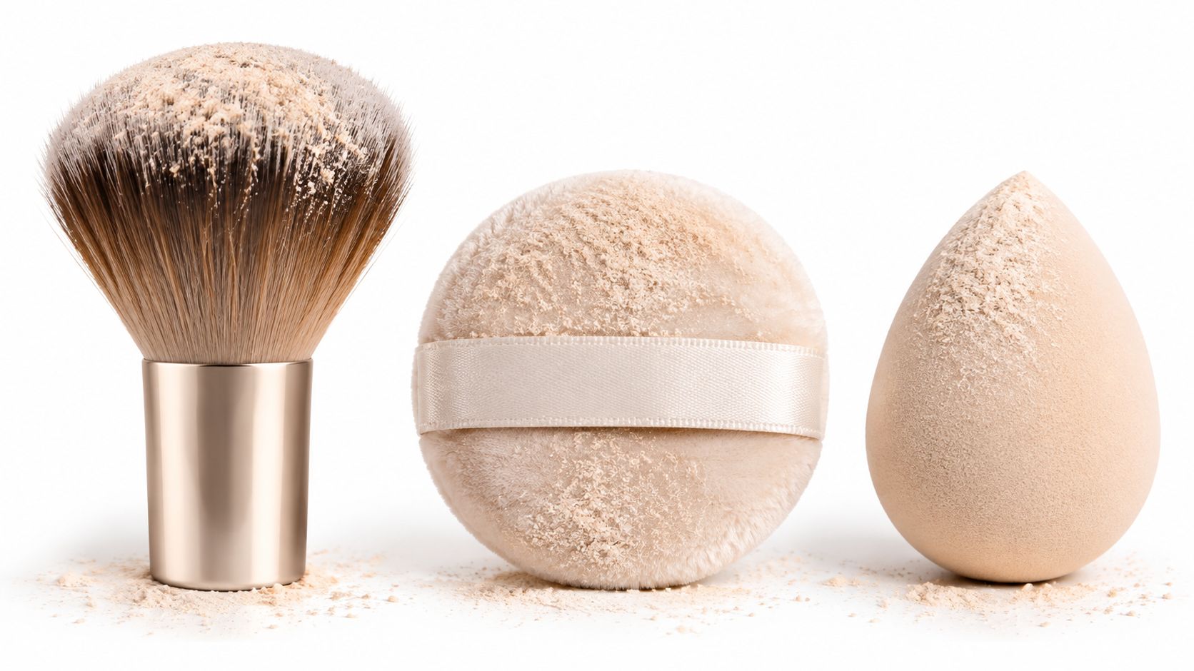A makeup brush, a soft powder puff, and a beauty sponge covered in translucent setting powder.