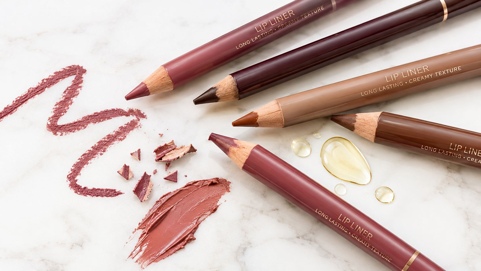 A collection of assorted colored lip liner pencils displayed on a white marble surface with makeup swatches.