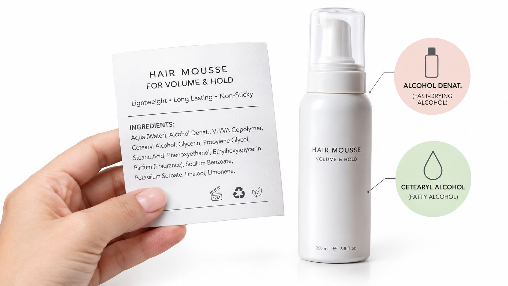A hand holds an ingredient list for hair mousse, comparing fast-drying alcohol and fatty cetearyl alcohol.