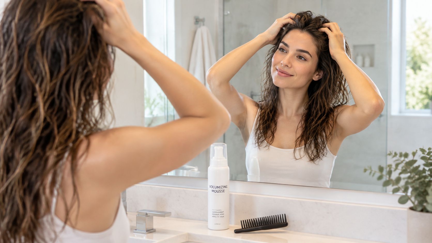 A young woman smiling while applying volumizing mousse to her damp hair in a brightly lit bathroom mirror.
