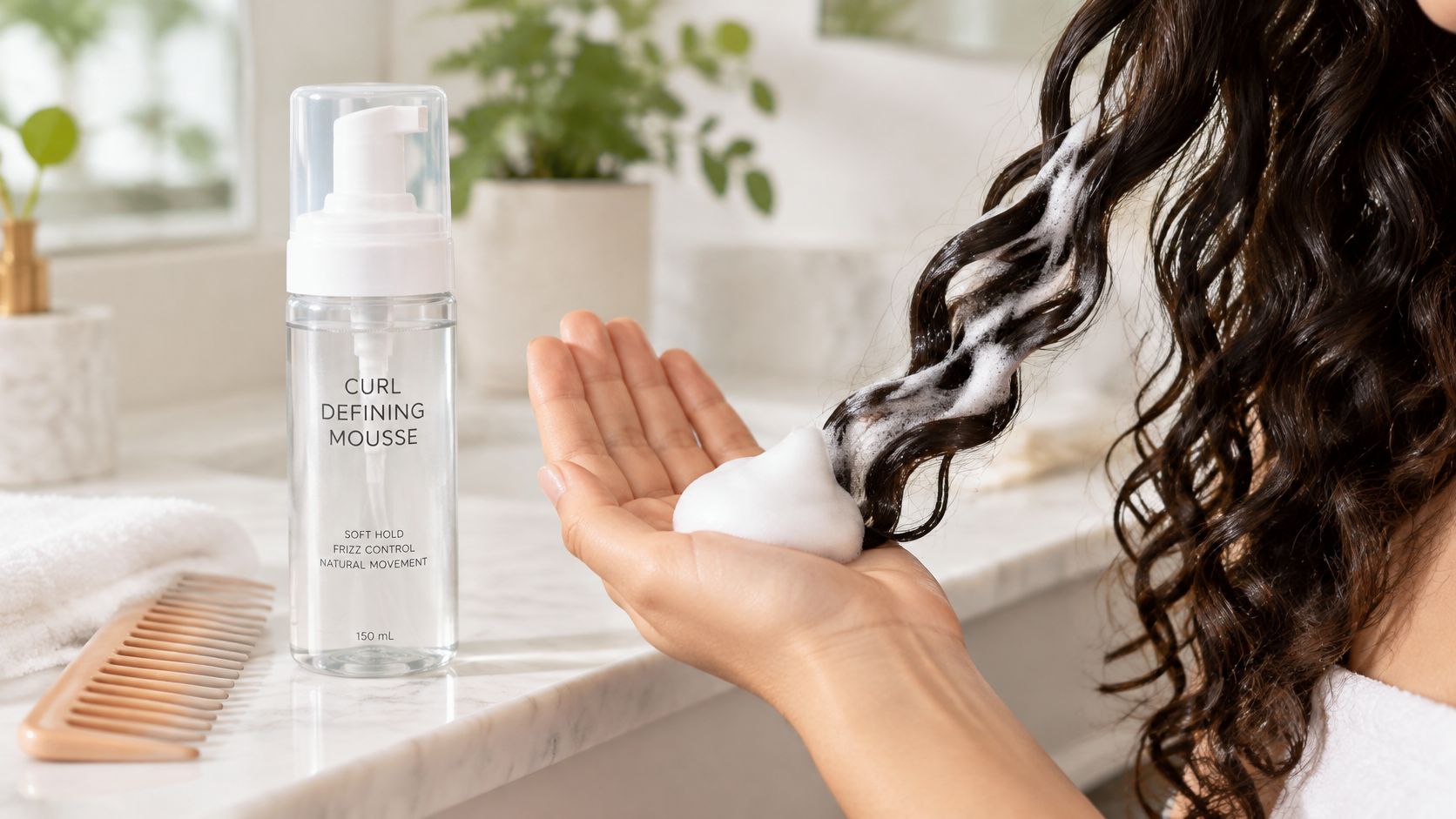 A person applying white curl defining mousse from their hand onto a section of their curly hair.