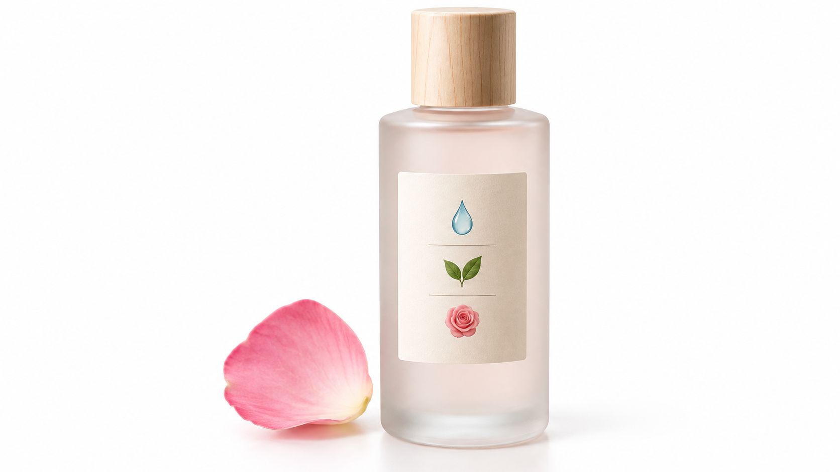 A frosted glass bottle of rose water hydrator standing next to a soft, delicate pink rose petal.