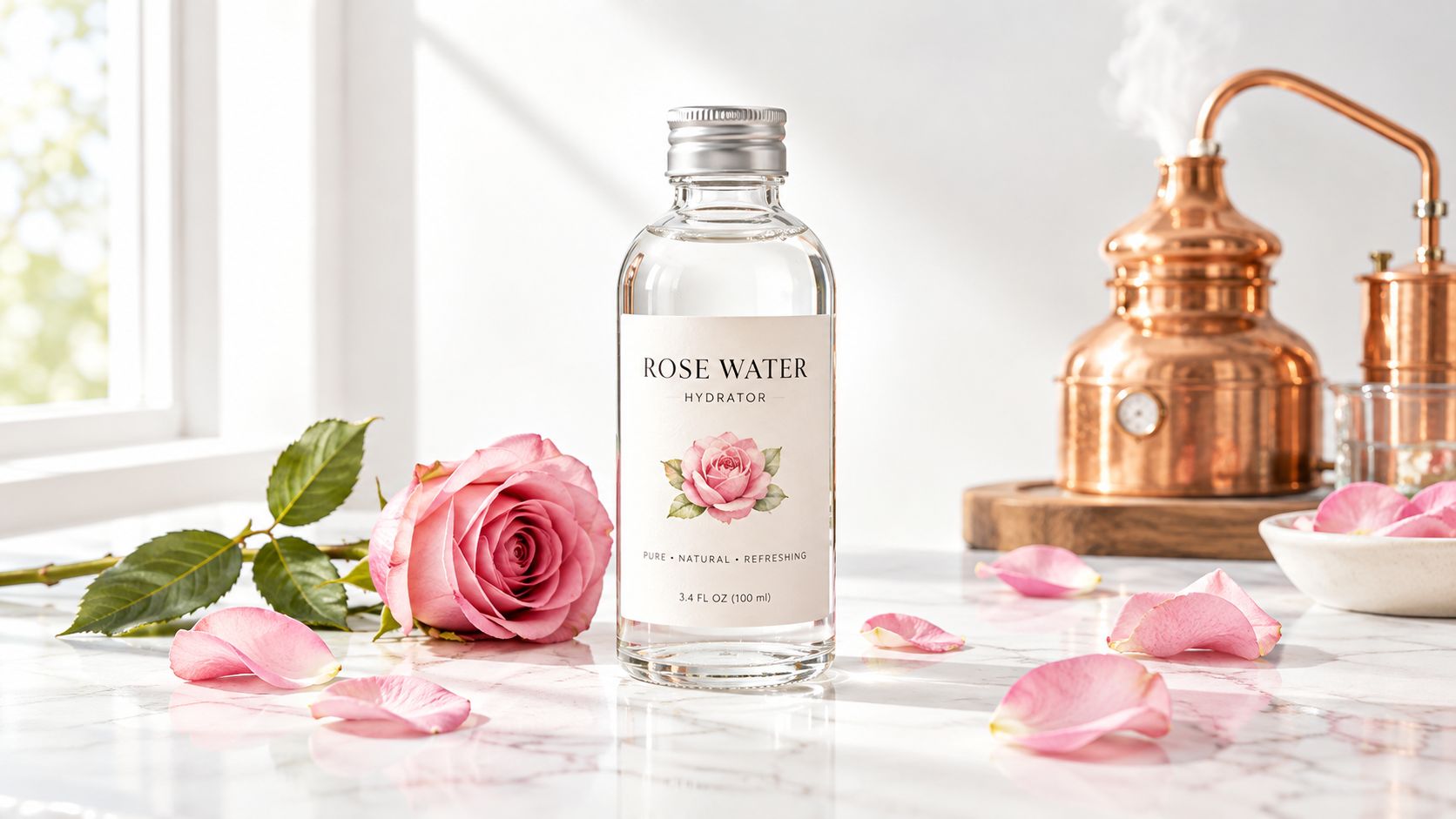 A clear glass bottle of rose water hydrator sitting on a marble table with fresh rose petals.