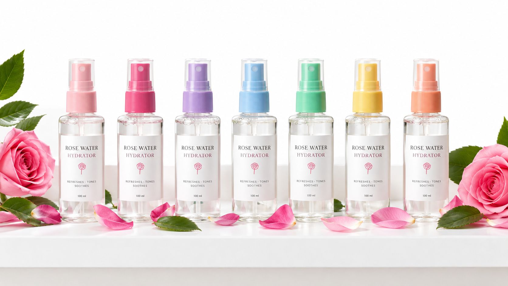 A row of seven clear spray bottles labeled Rose Water Hydrator decorated with colorful caps and fresh roses.