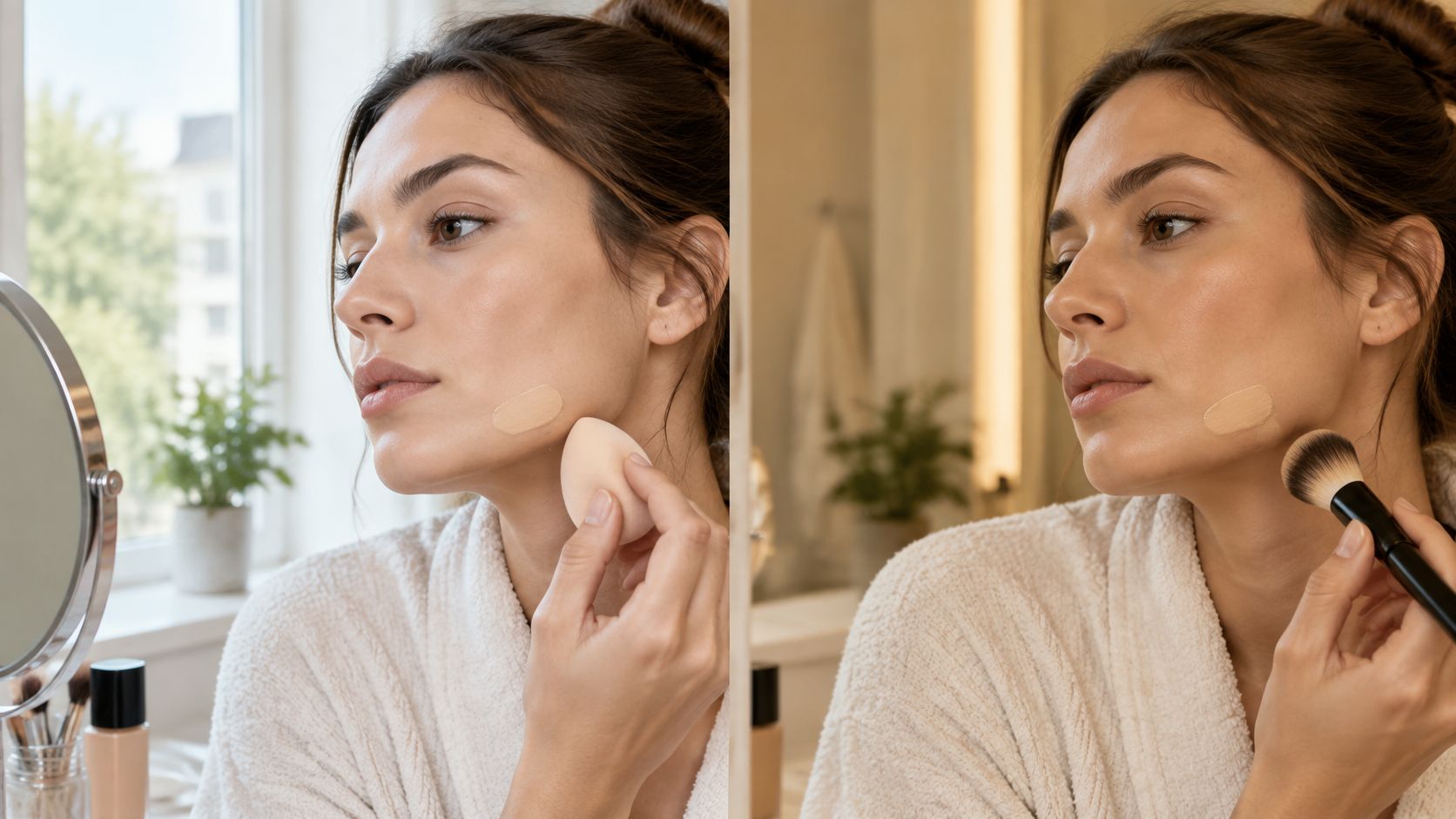 A woman testing different foundation shades on her cheek using a makeup sponge and a blending brush.