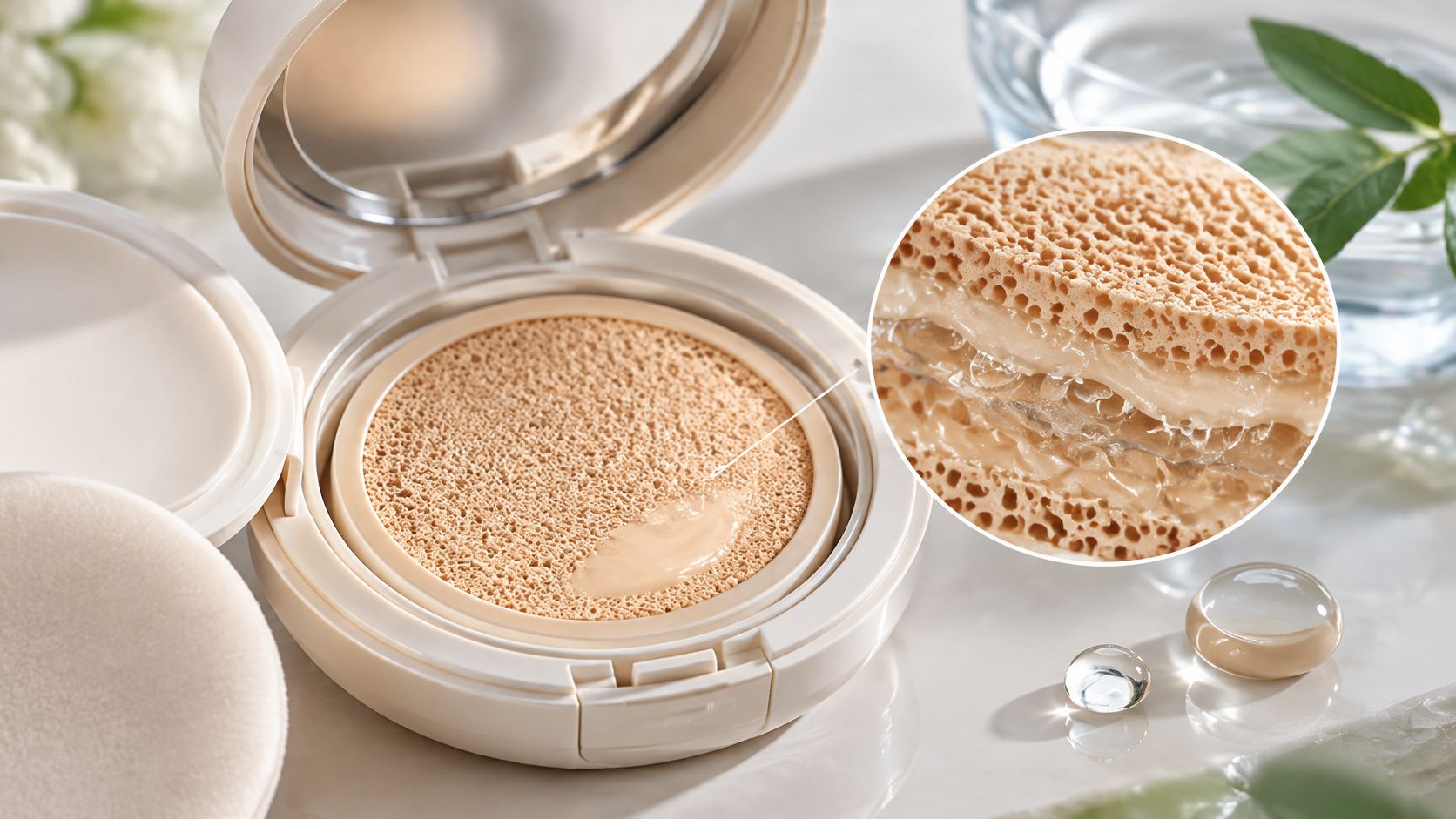 Open vegan cushion foundation compact with a textured sponge and a close-up insert showing product hydration.