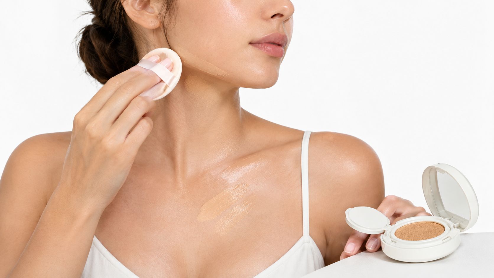 A woman applying vegan cushion foundation to her jawline with a puff applicator, holding a compact.