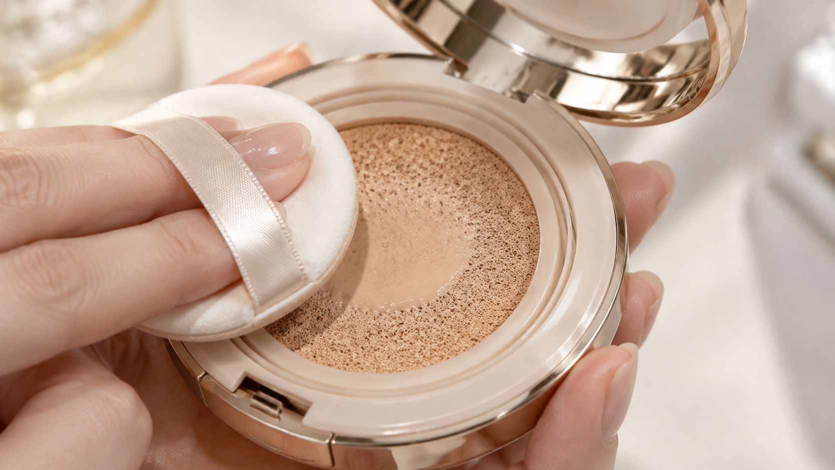 A close-up of a person applying light-colored cushion foundation with a soft makeup puff applicator.